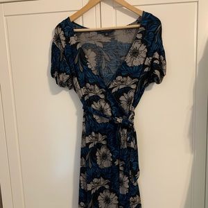 faux-wrap dress with black, blue and grey flowers.